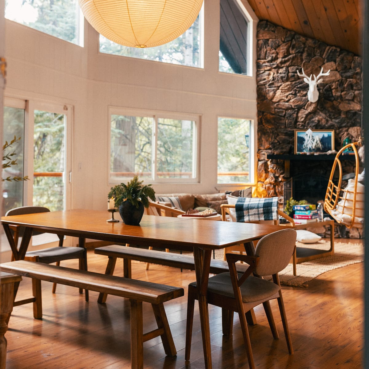 Mid-century dining table with bench seating