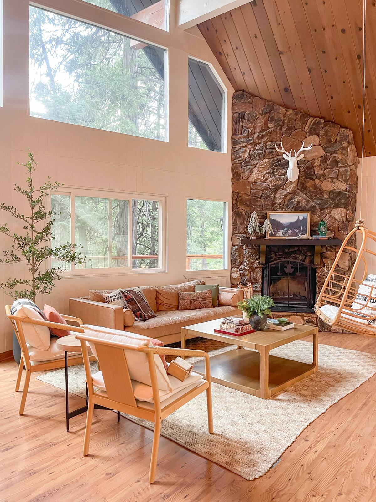 Stone fireplace and swing chair